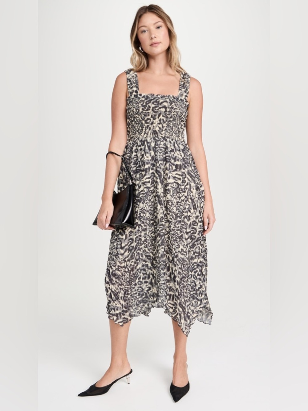 GANNI Pleated Georgette Smock Midi Strap Dress Leopard Animal Print. 21